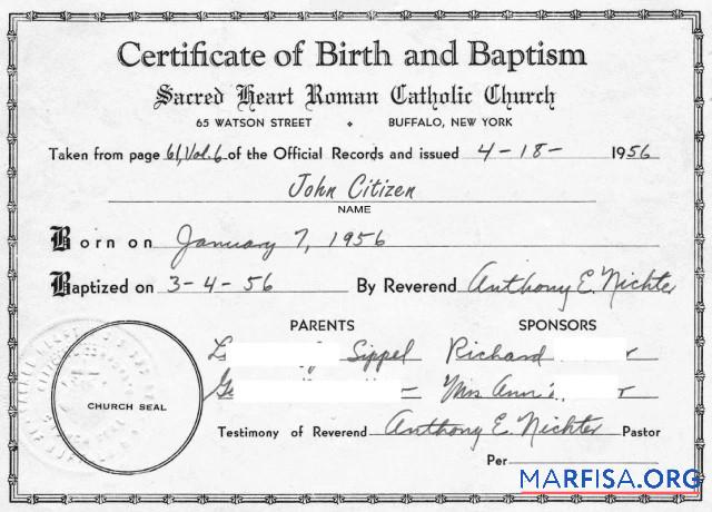 Downloadable New York Roman Catholic church certificate of birth download for verification